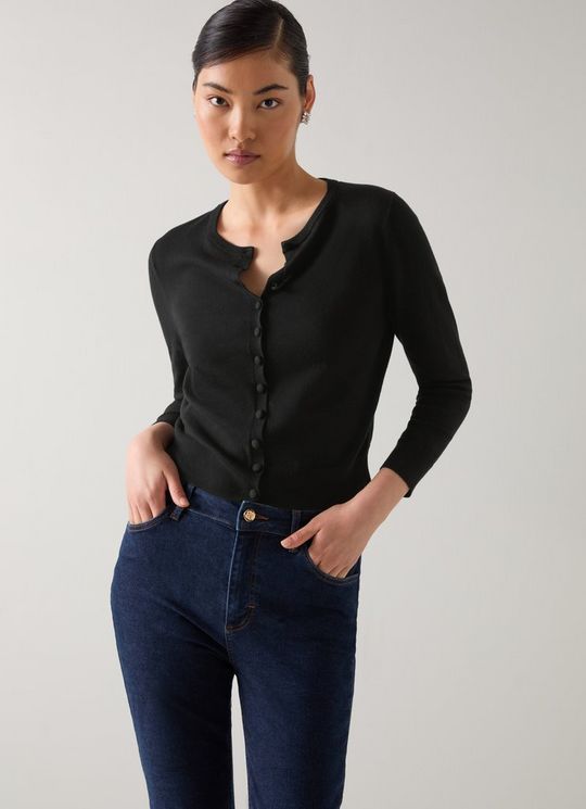 Lottie Black Plain Merino Cotton Fine Gauge Cardigan