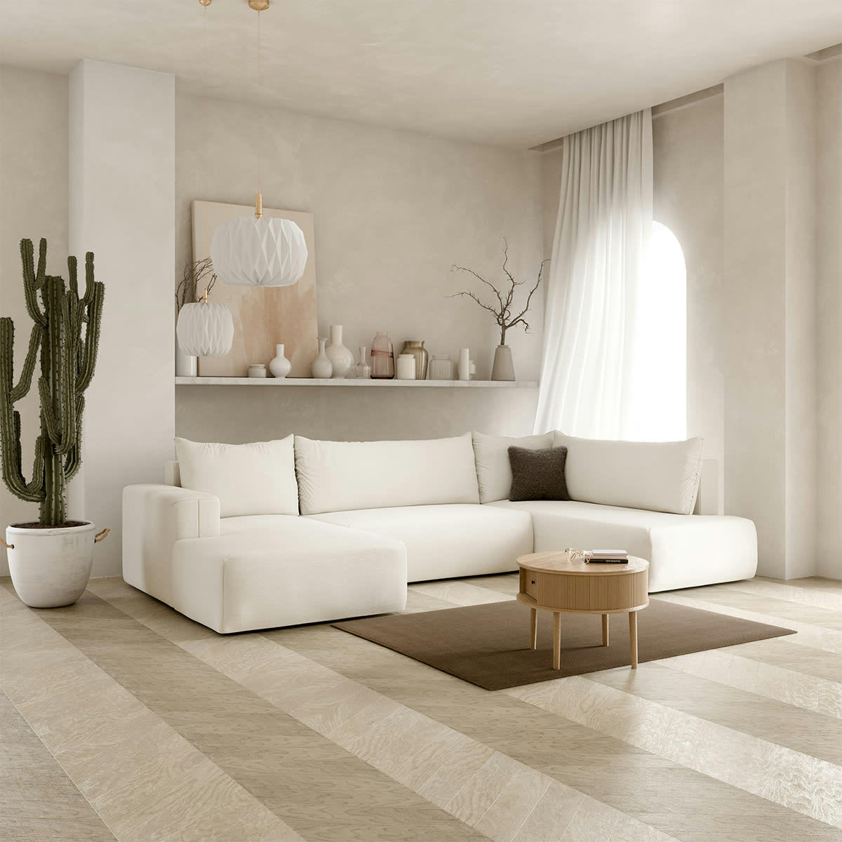 - Canapé panoramique 5 places convertible coffre blanc