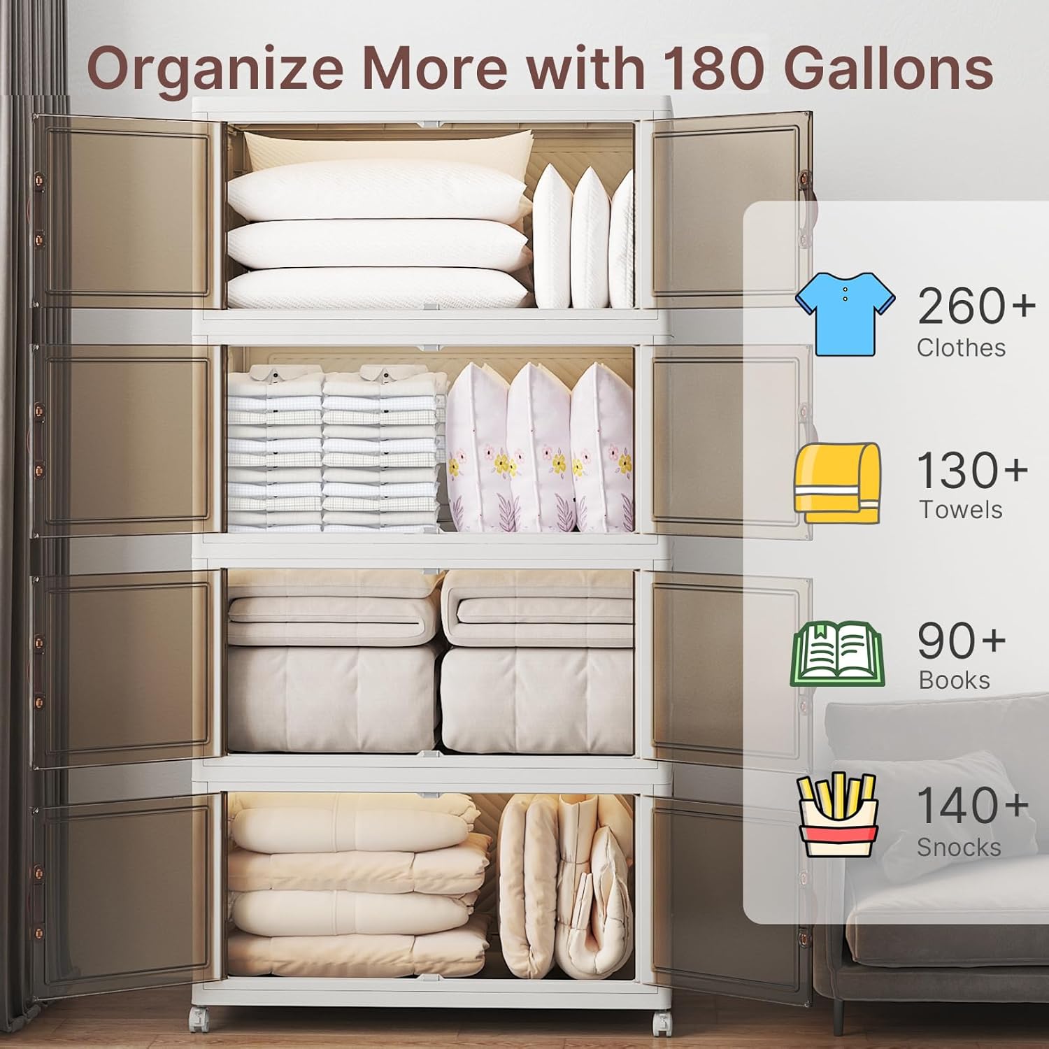 UAMFURI Stackable Storage Bins with Lids, 720QT Closet Organizers and Storage with Doors and Wheels, Extra Large Storage Cabinet, Collapsible Plastic Drawers for Bedroom Dorm Office Garage