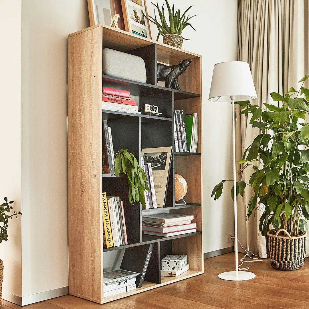 SEOUL - Bibliothèque effet bois noir et chêne naturel