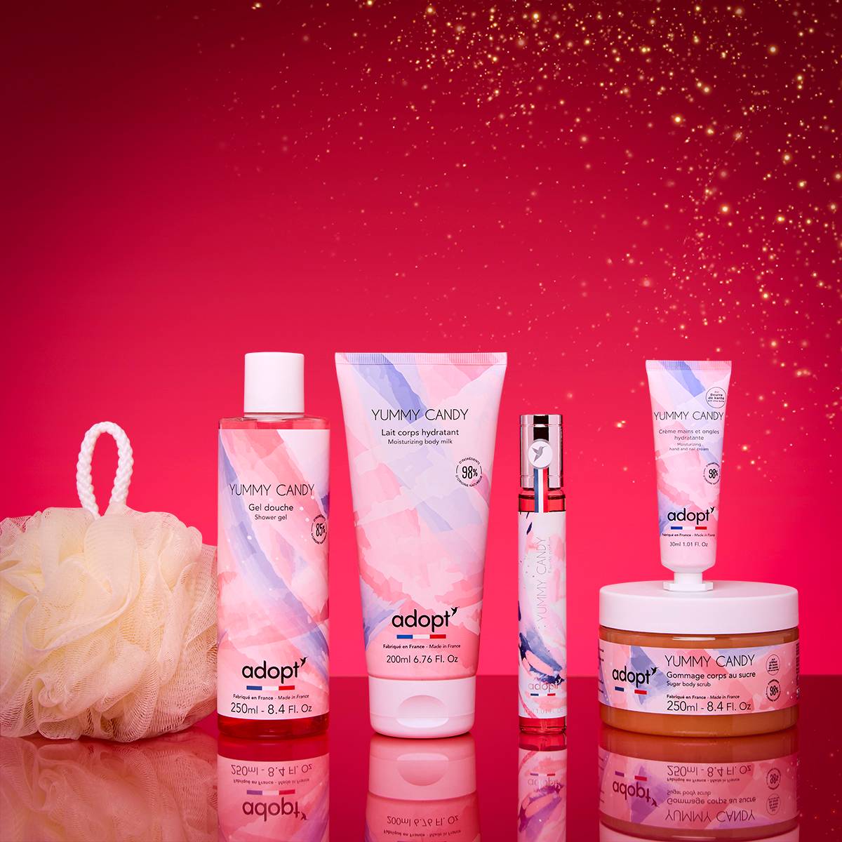 Yummy CandyCoffret Maxi eau de parfum 30 ml   lait corps 200 ml  gel douche 250 ml   gommage 250 ml   crème main 30 ml   fleur de bai