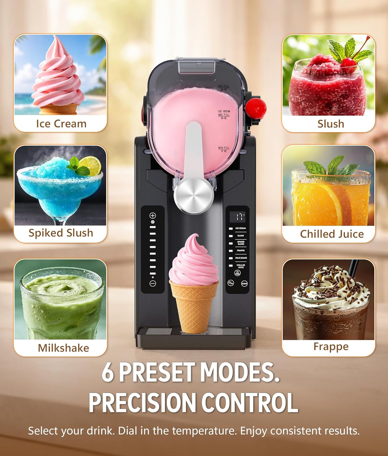 BKPPM Slushie Machine: No Ice Needed Slushy Machine for Home, 6 Preset, Real-Time Temp Display, Auto-Clean | Frozen Margaritas, Cocktails, Frappés, Ice Cream, Smoothies, Milkshakes,Summer Parties