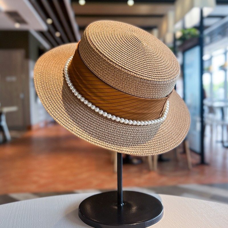 PEACH ACCESSORIES Stylish Summer Hat with Pearl and Ribbon Band