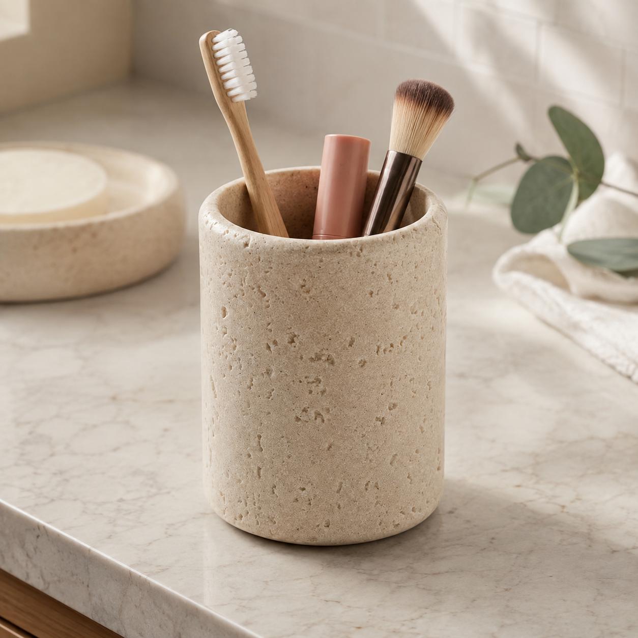 Beige Stone Bathroom Cup, Textured Toothbrush Makeup Brush Holder, Modern Farmhouse Gift
