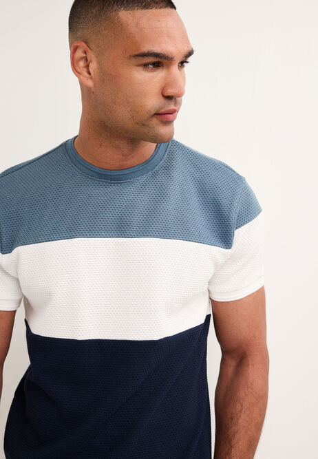 Mens Navy Colour Block Textured T-Shirt