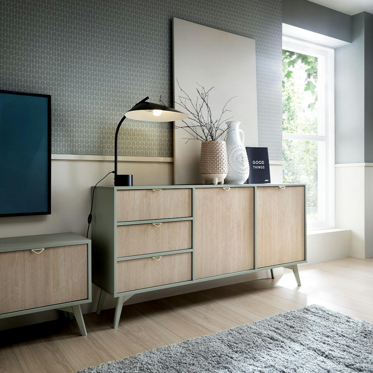 - Buffet 2 portes 3 tiroirs vert et naturel