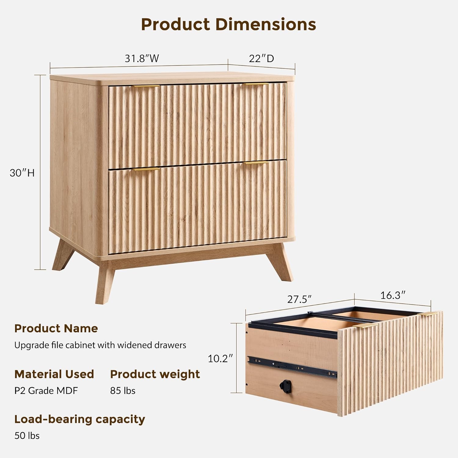 T4TREAM 2 Drawer File Cabinet, 31.8 Fluted Lateral File Cabinet w/Files Hanging Rod for Letter/Legal/A4, Large Tabletop for Printer, Office Wood Printer Cabinets, Natrual Oak