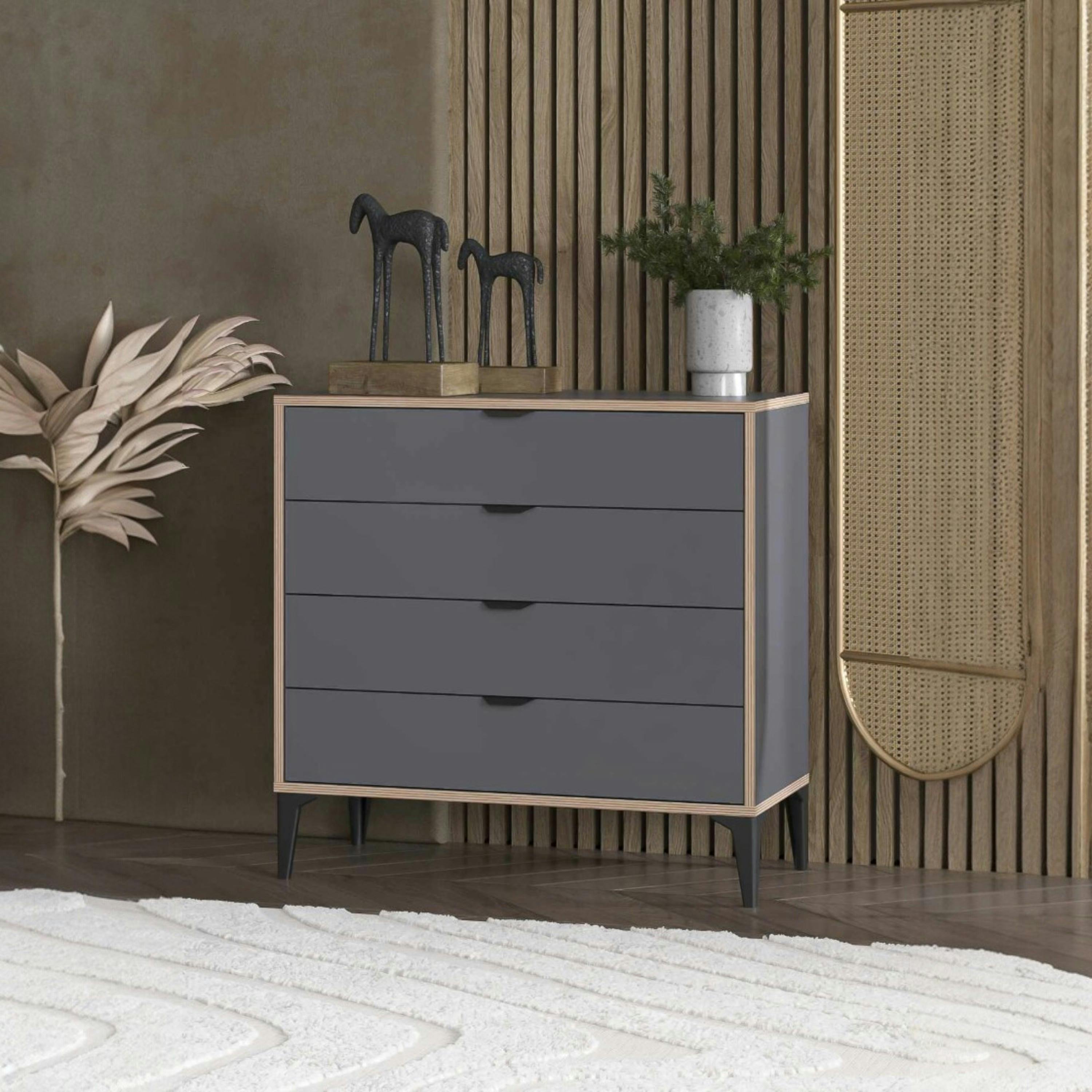 Commode 4 tiroirs gris foncé moderne BYRON