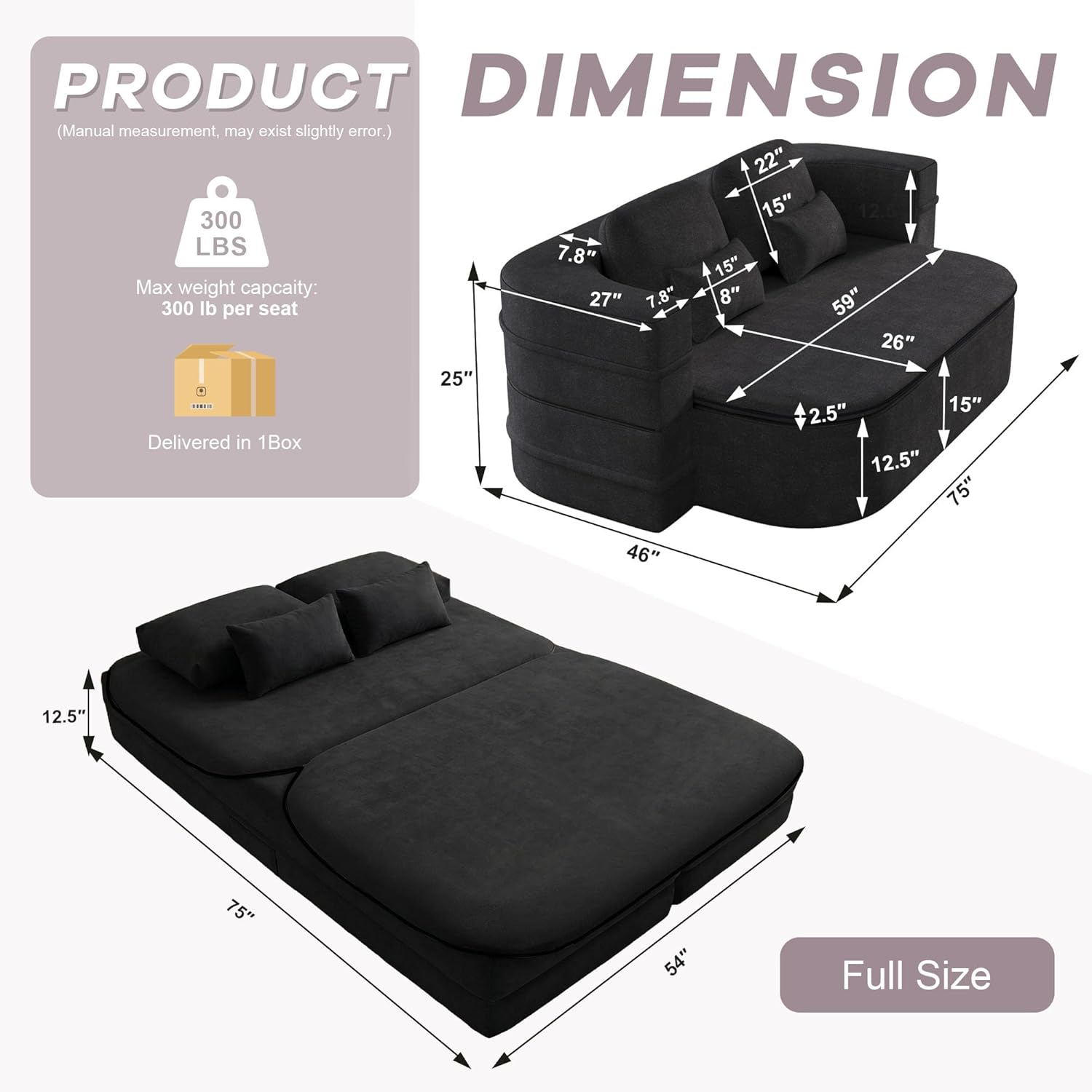 75'' Folding Sleeper Sofa Bed, Convertible Memory Foam Boneless Couch, Foldable Full Size Guest Bed, Modern 2-in-1 Futon Floor Sleeper Sofa with 4 Pillows and Blanket (Chenille, Black1)
