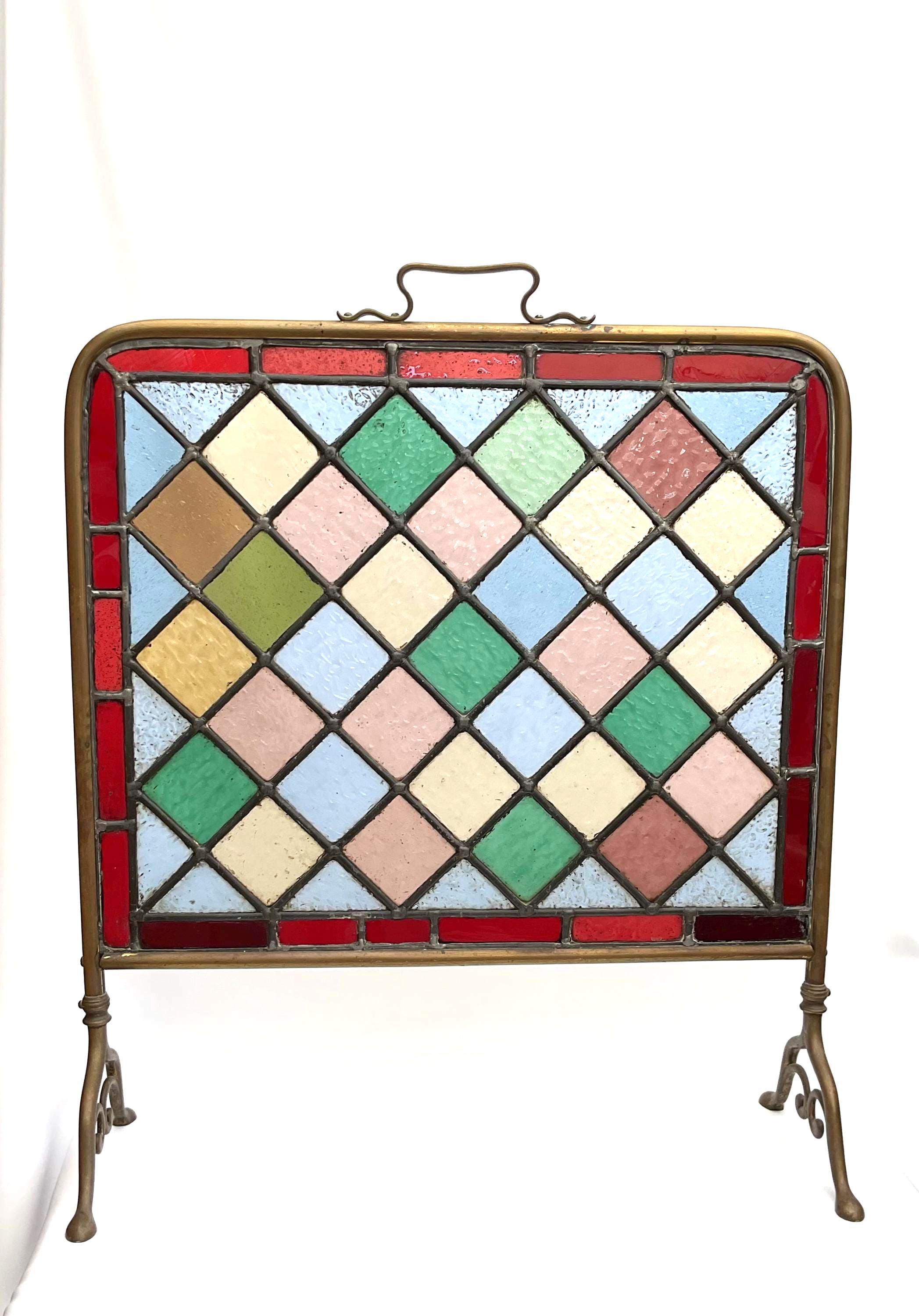 Antique Art Nouveau Stained Glass Brass Fireplace Screen. Fireguard. Victorian/Edwardian England