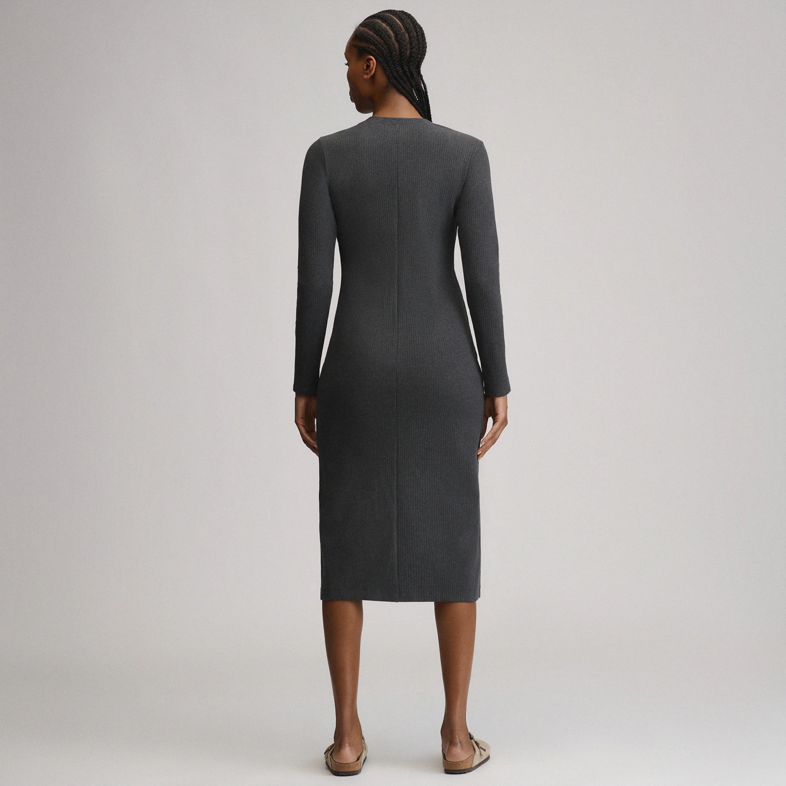 Women's Long-Sleeve Button Front Ribbed Knit Midi Dress