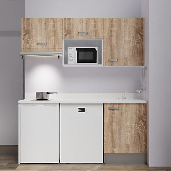 Kitchenette K55 - 180 cm - façades Bois - Plan monobloc en quartz coloris Snova évier à droite