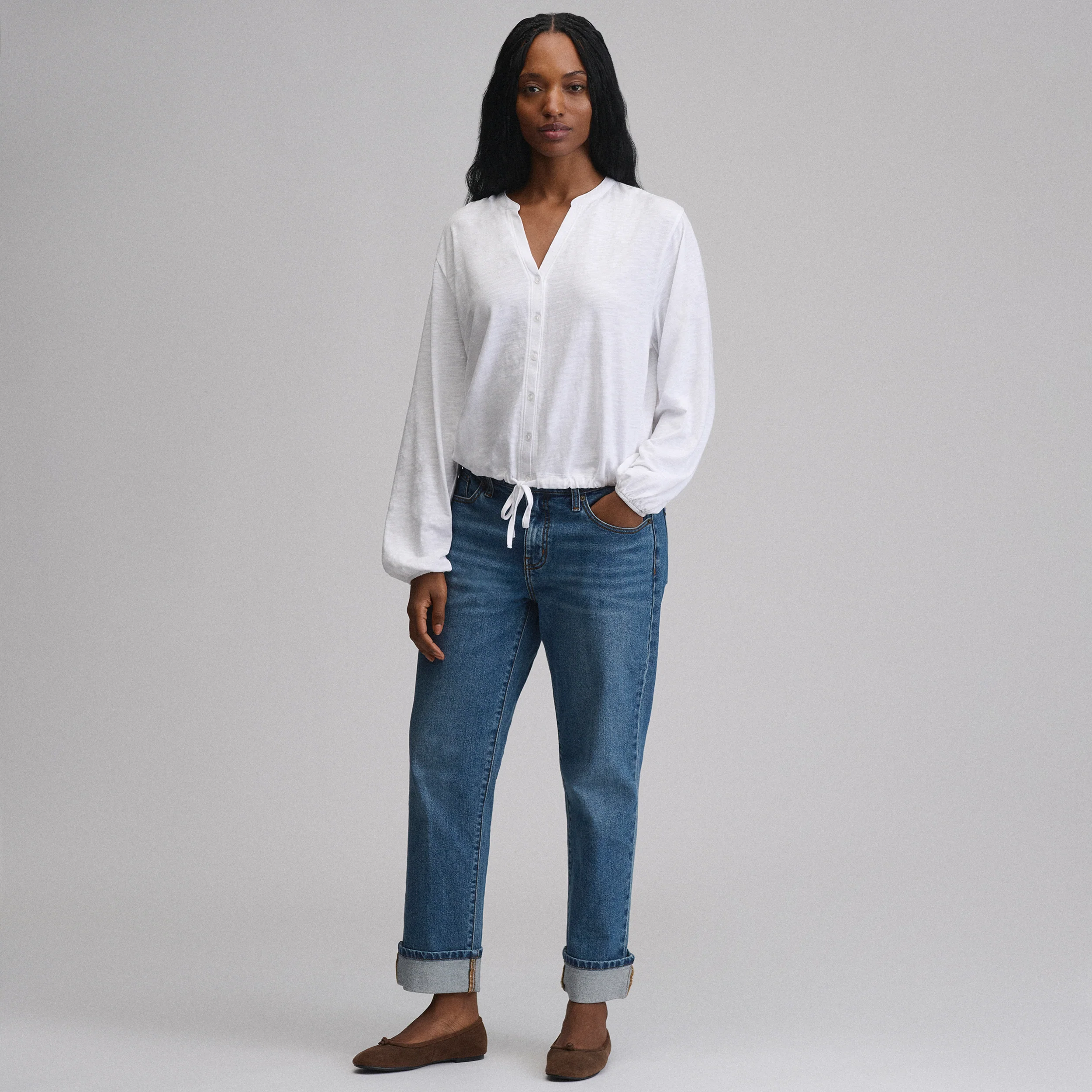 Women's Long-Sleeve Button Front Drawstring Hem Top