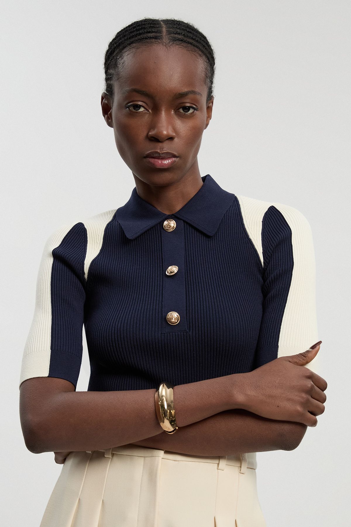 KarenMillen Rib Knit Military Colour Block Short Sleeve Top