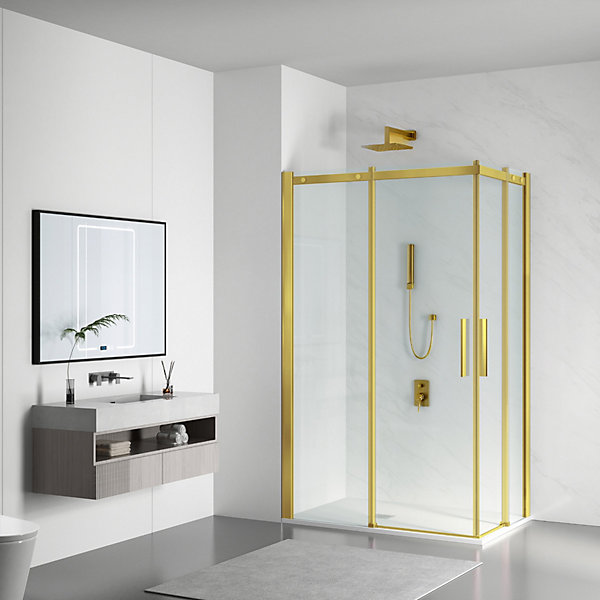 Cabine de douche 90x100 cm coulissante en 6mm verre trempé anticalcaire, profils dorés