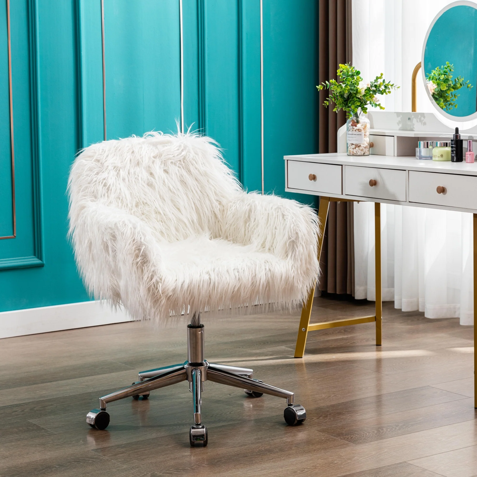 Faux Fur Home Office Chair, Upholstered Arm Chair with Wheels, Height Adjustable Vanity Accent Chair, Cute Furry Makeup Chairs