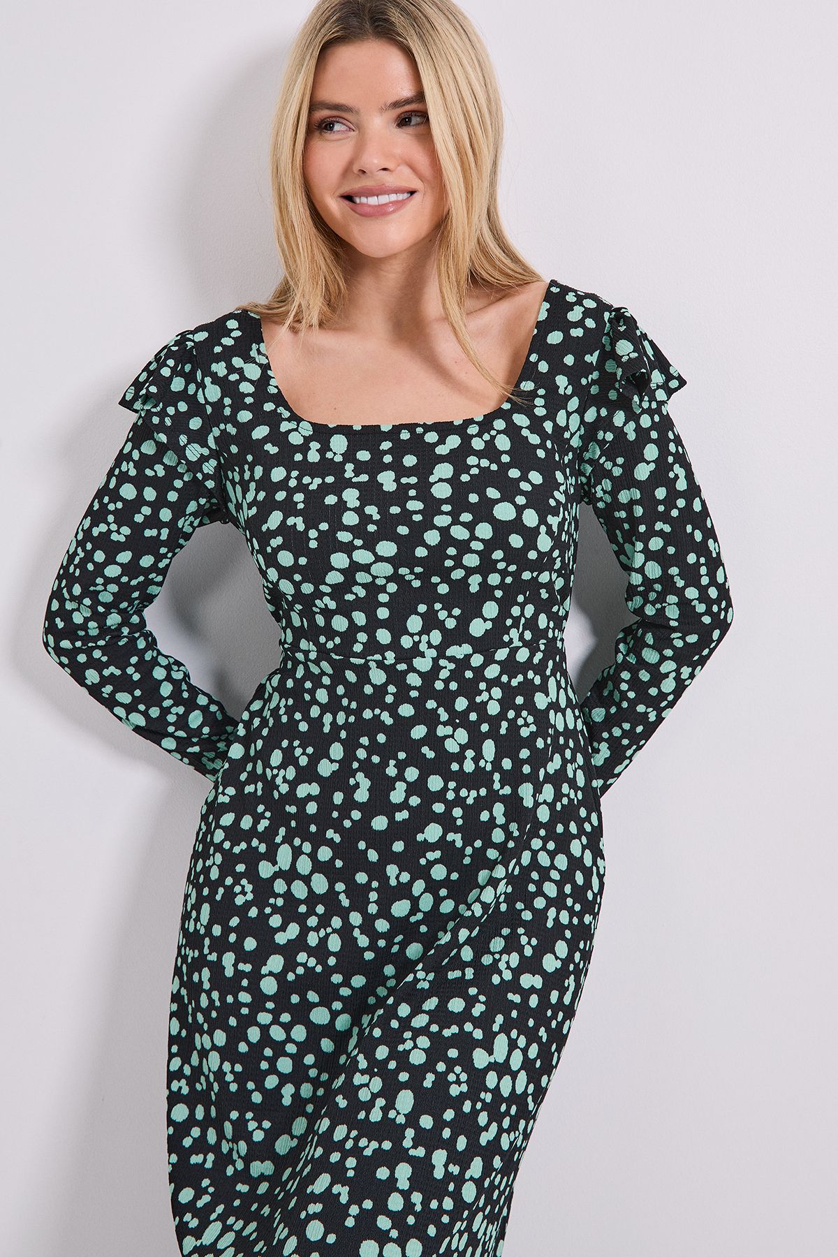 Dorothy Perkins Green Spot Square Neck Ruffle Shoulder Jersey Midi Dress