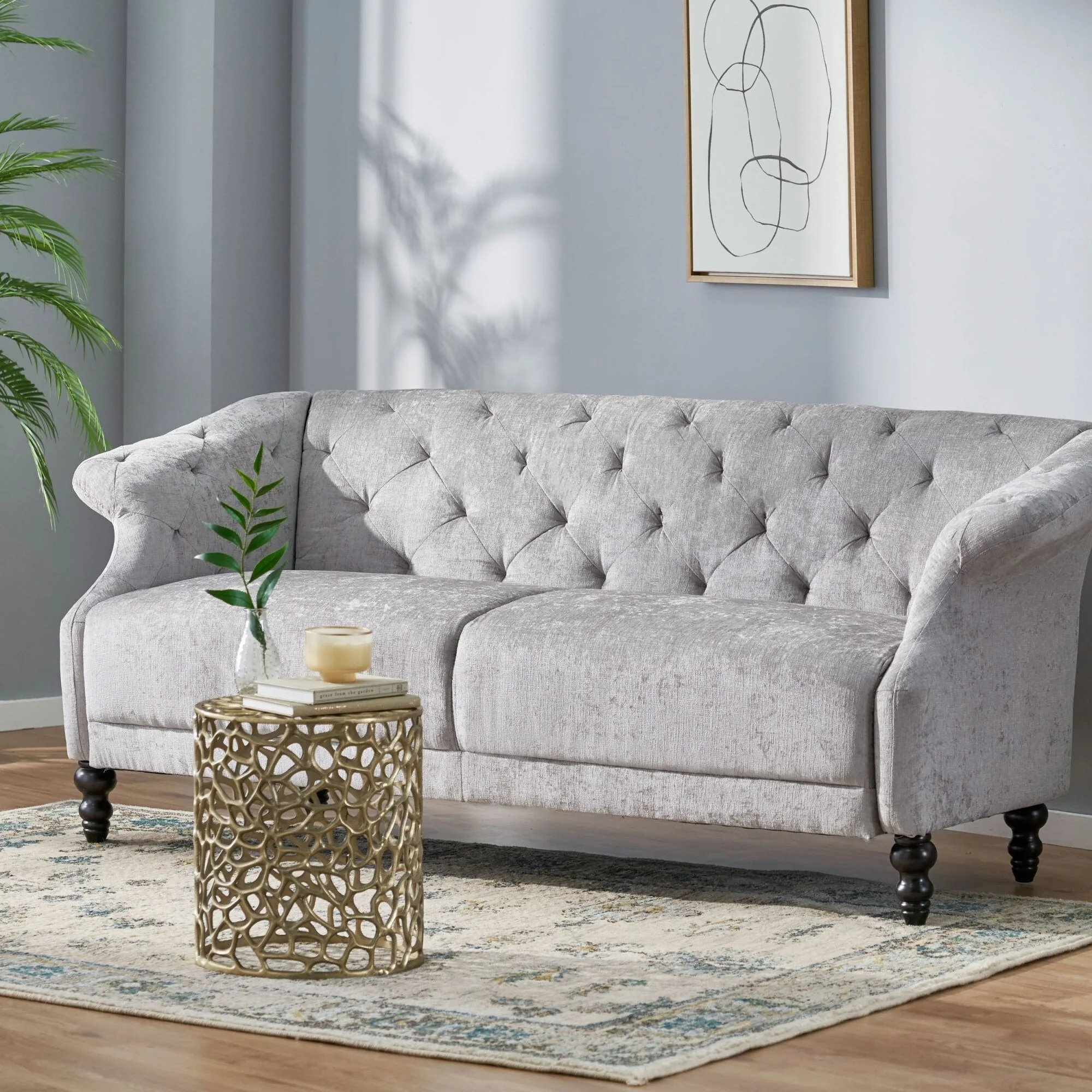 Light Grey 75 Velvet Loveseat Flared Arms Tufted Sofa with Deep Seat and Wood Legs for Living Room