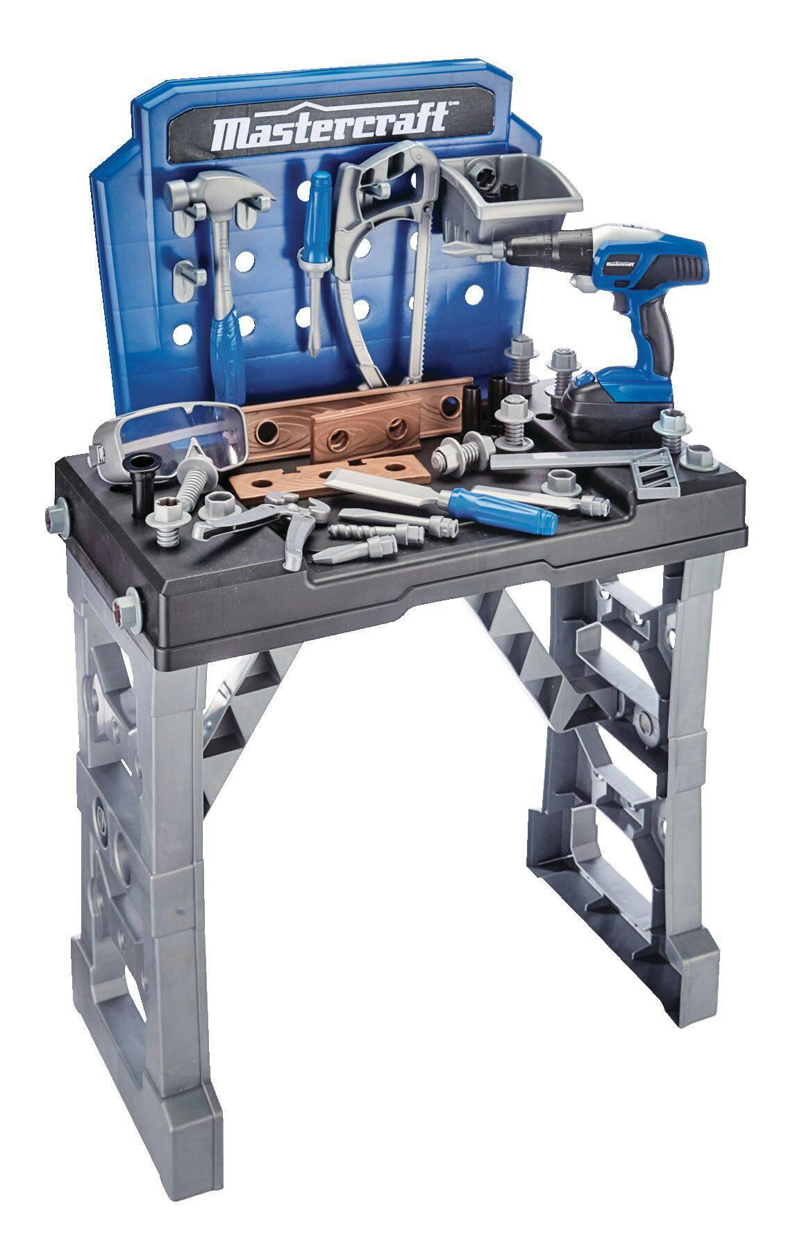 Mastercraft Deluxe Toy Tool & Work Bench w/Battery Operated Drill For Kids, Ages 3+