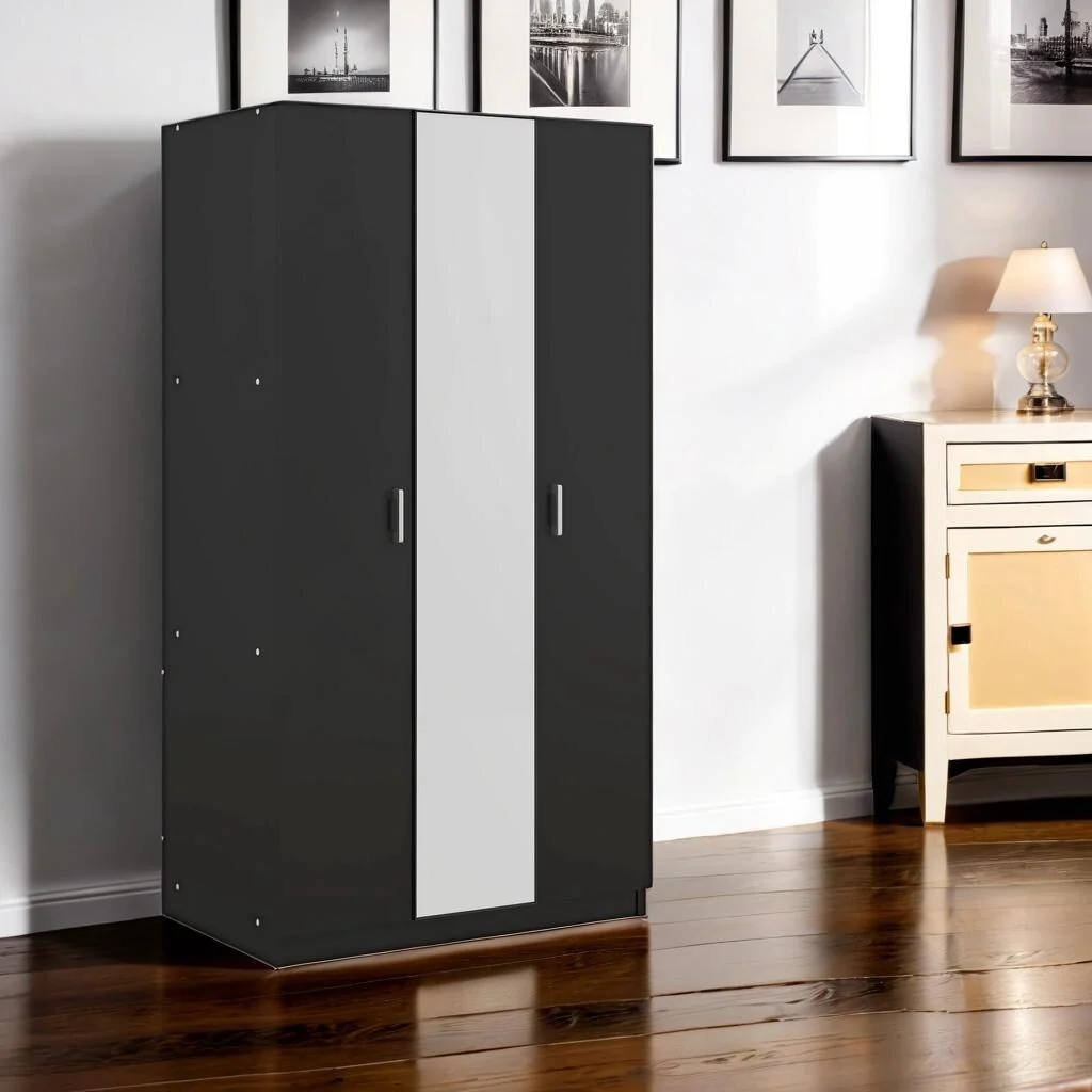 Multifunctional 3-Door Wardrobe with Mirror, Armoire with Hanging Rod and 3 Fixed Shelves