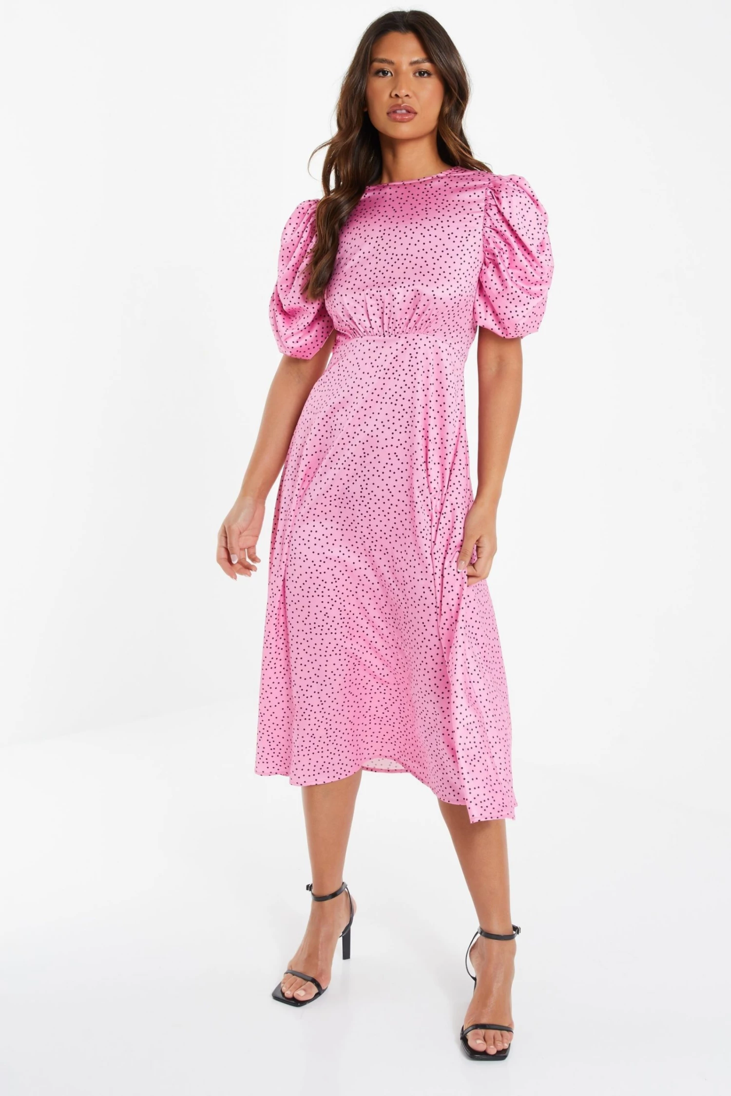 Quiz Pink Polka Dot Satin Midi Dress