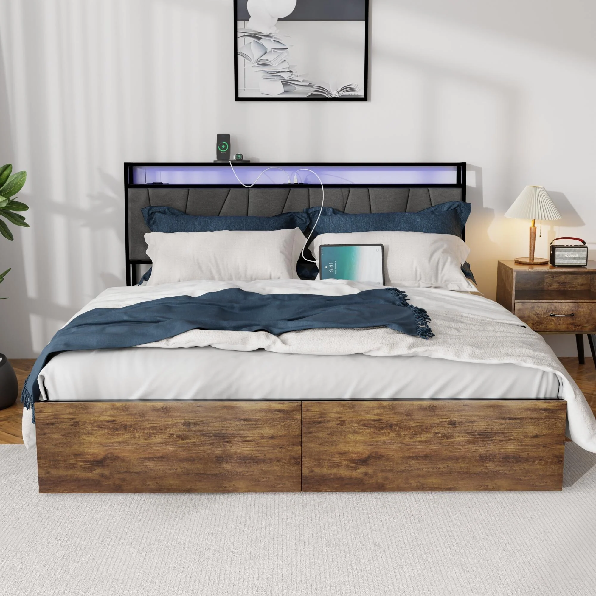 Queen Platform Bed Frame with RGB Lights, Storage Shelves, and USB Chargers