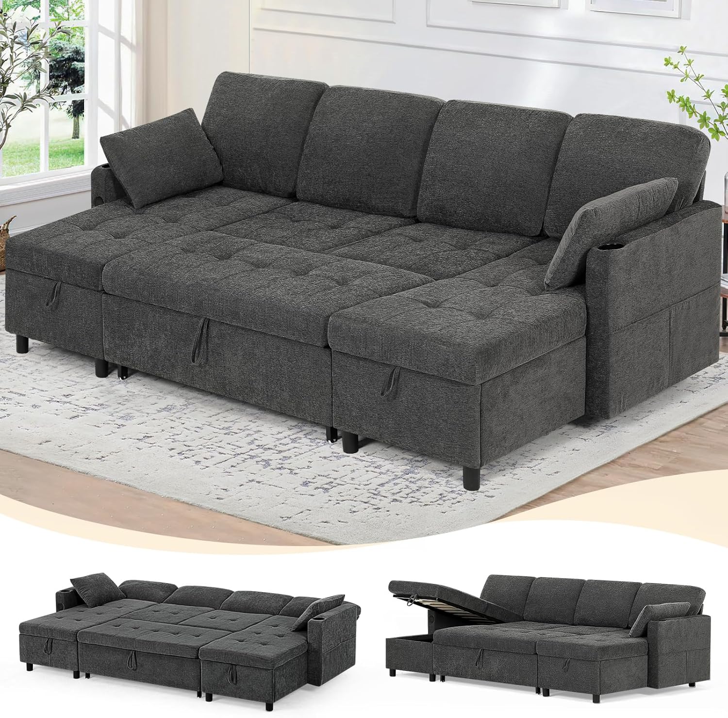 110 Fabric Pull-Out Couch Bed w/Adjustable Backrests, Sectional Sleeper Sofa w/USB Ports & 2 Cup Holders, Upholstered U-Shaped Couch w/Storage Chaise for Living Room, House, Grey