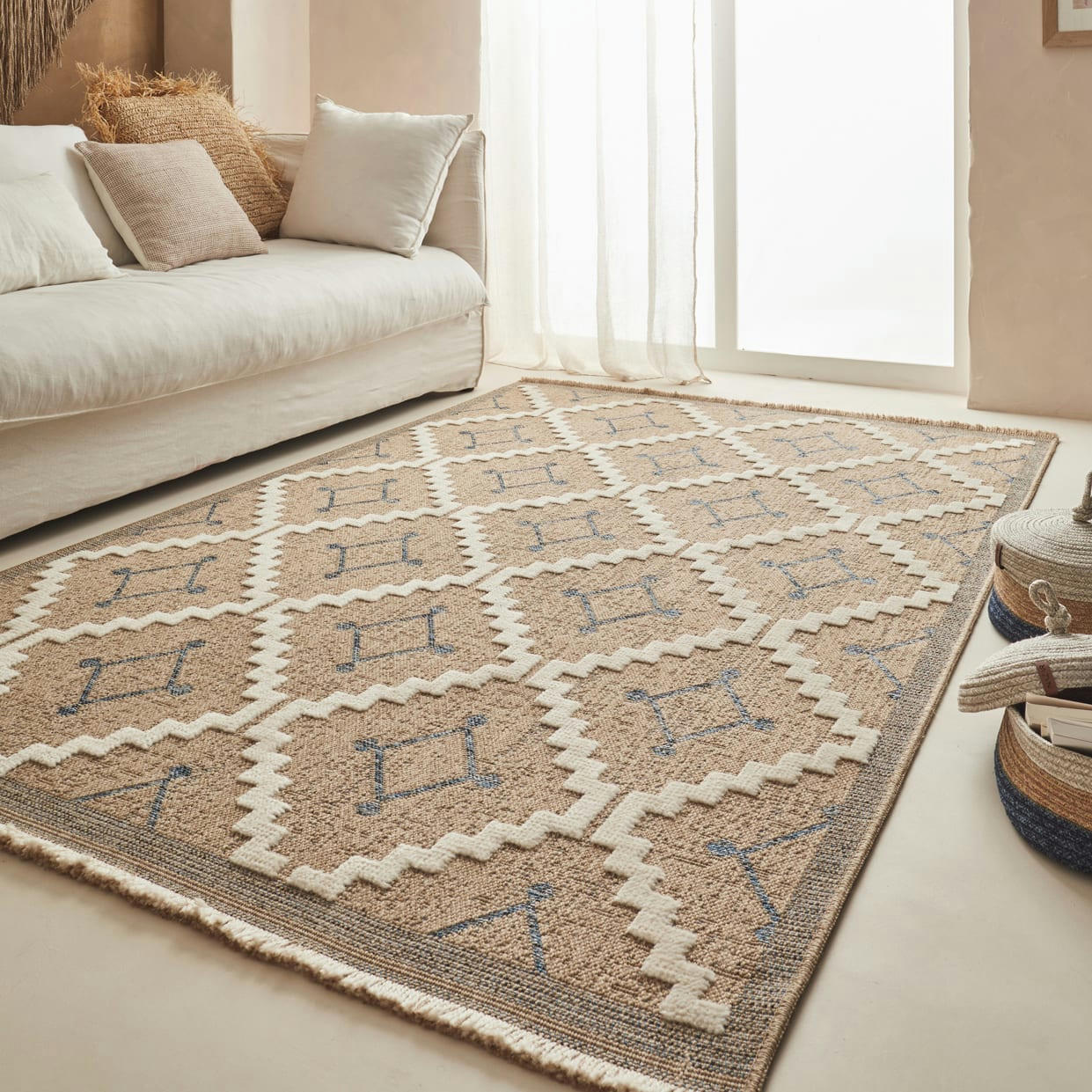 TULUM - Tapis intérieur et extérieur aspect jute géométrique bleu - 160x230