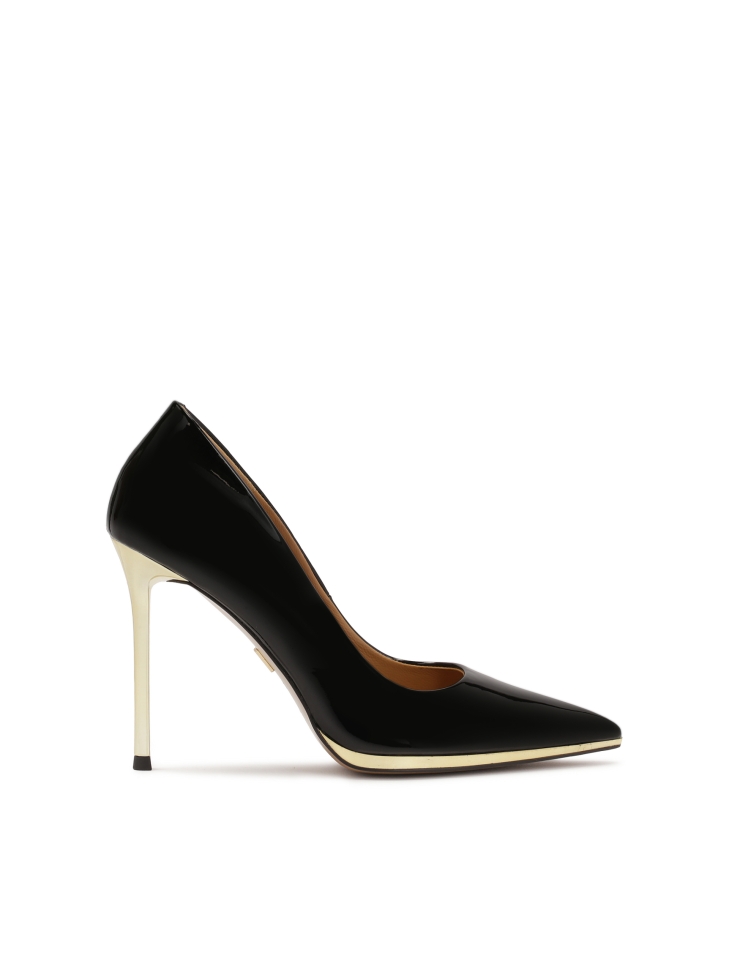 Black patent leather pumps with gold heel