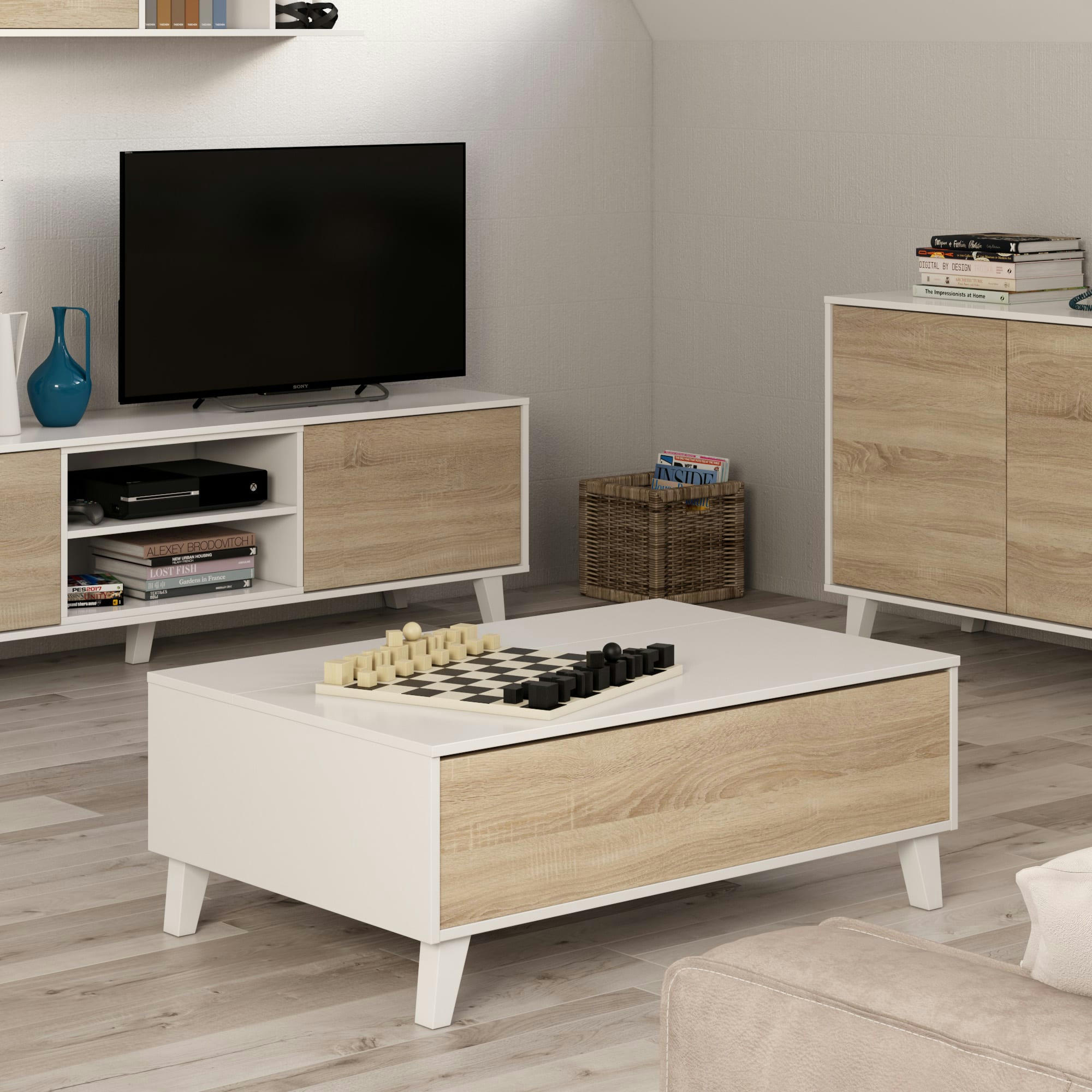 KIRA - Table basse relevable couleur chêne/blanc, 100 cm longueur