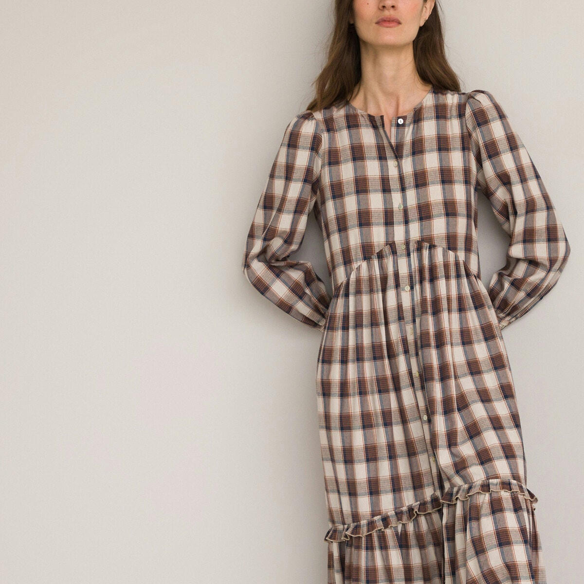 Robe maxi longue boutonnée, à carreaux écossais