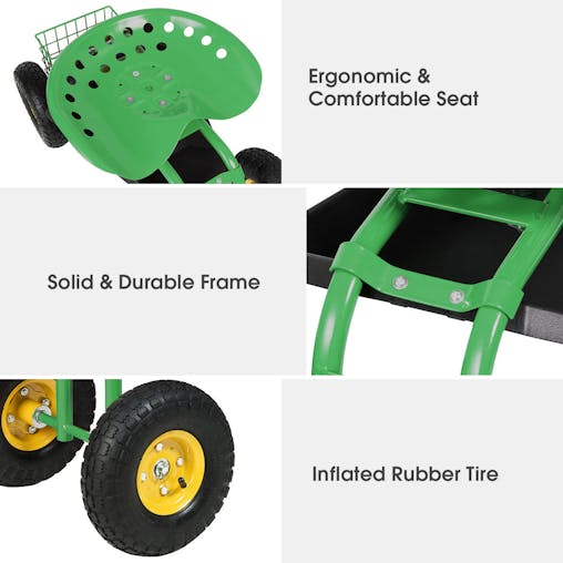 NNECW Rolling Garden Cart With Tool Tray Work Seat For Gardening-Green