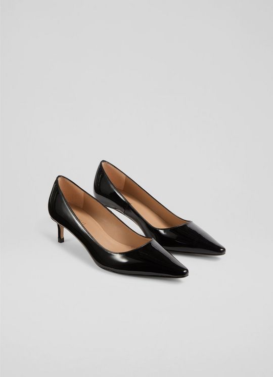 New Ava Black Patent Pointed Kitten Heel Court