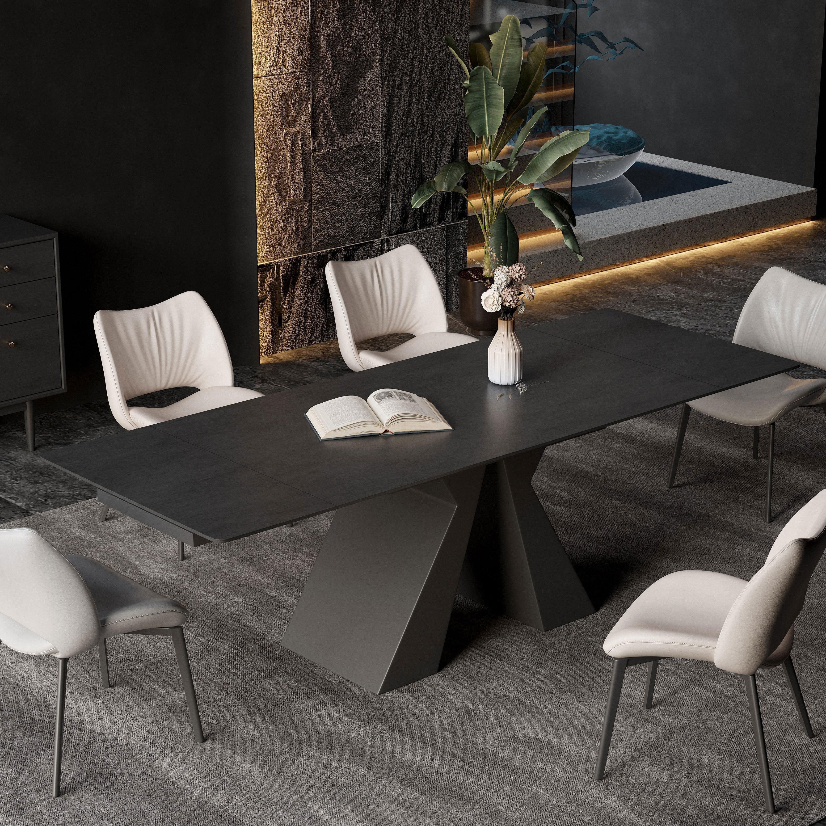 Extendable Sintered Stone Dining Table, 63 to 94.5, Double Pedestal Base, Seats 6 to 10