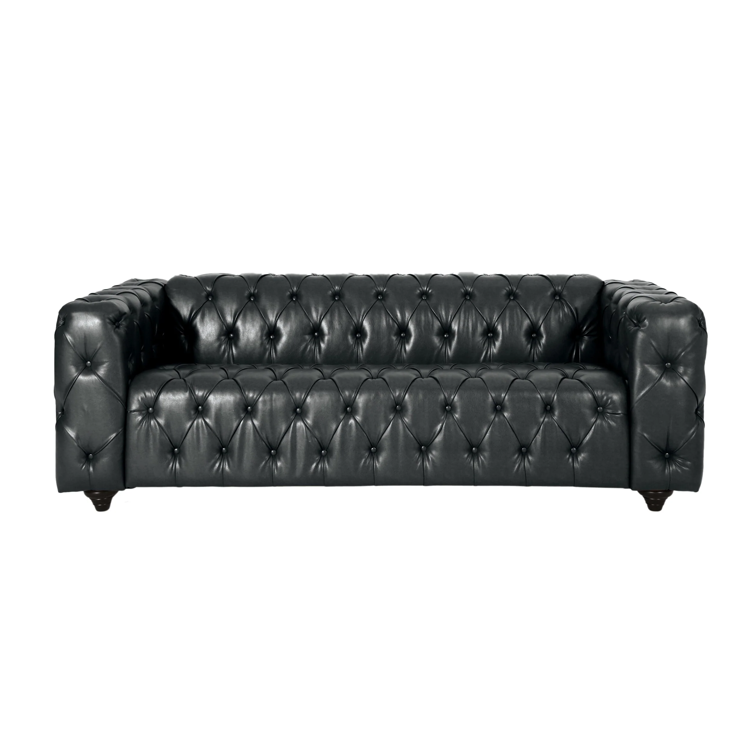 Black 83.5 PU Leather 3-Seater Sofa with Button-Tufted Back, Wide Armrests, and Vintage Wood Legs