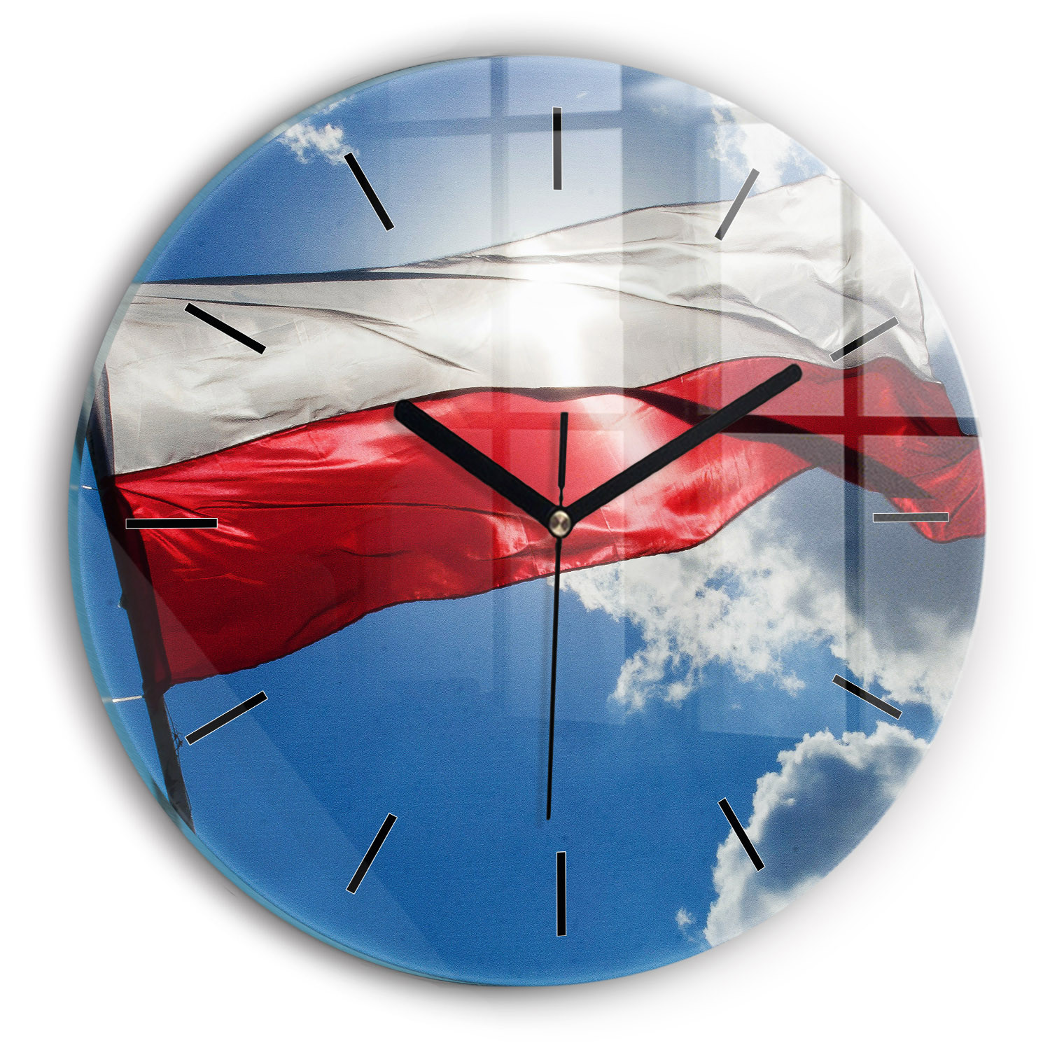 Zegar ścienny dekoracyjny cichy Flaga Polski na tle nieba