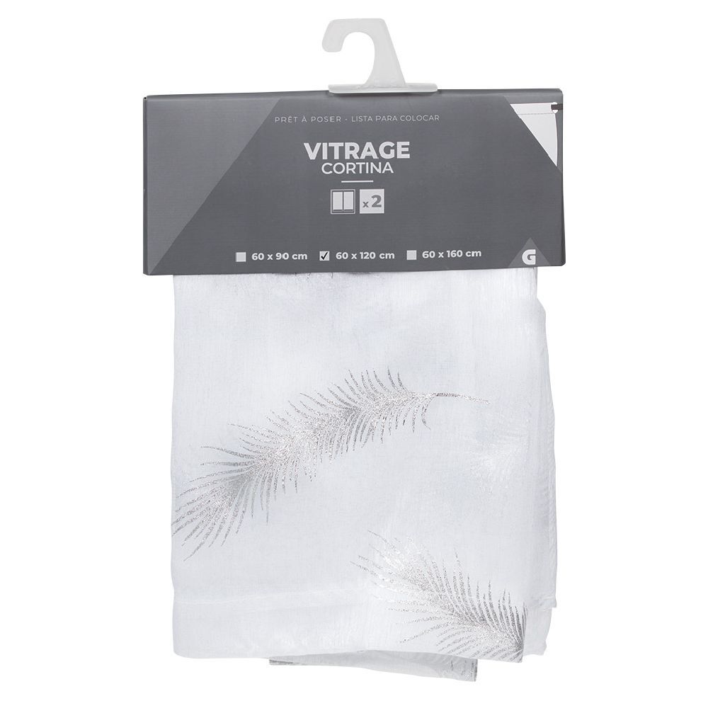 Vitrage blanc imprimé plume argenté 60x120cm x2