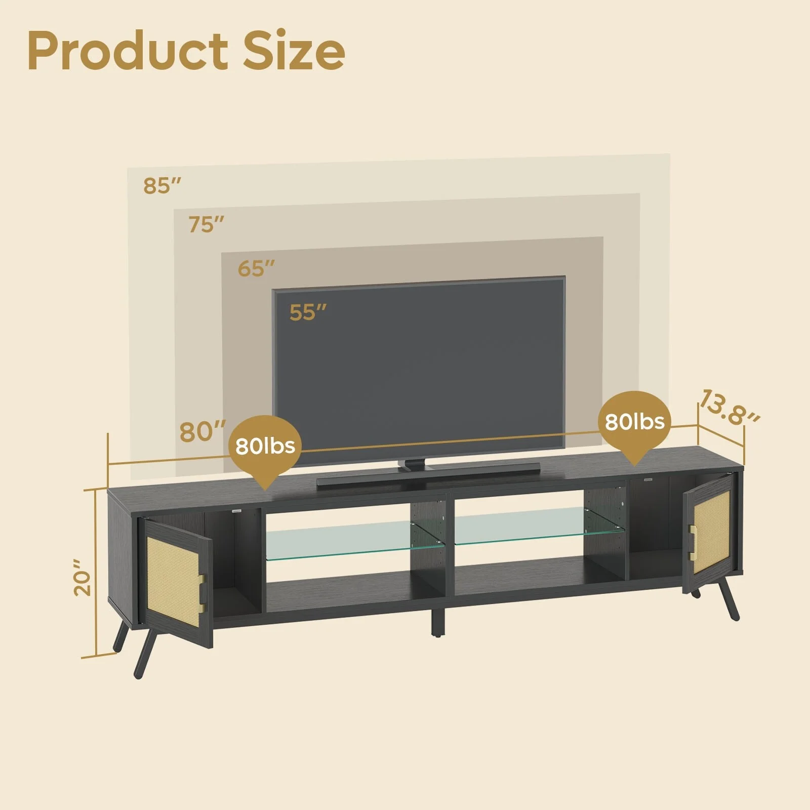 80'' Rattan Black TV Stand for TVs up to 85, Boho LED TV Console with Adjustable Shelves and doors