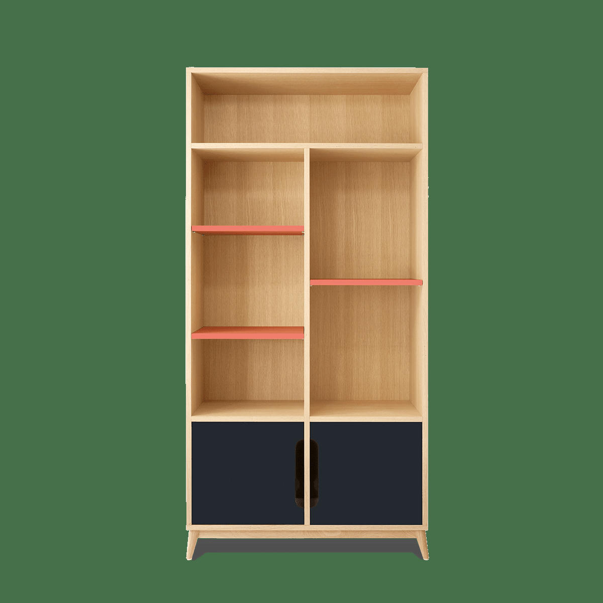 BOOK - Bibliotheque peu profonde bicolore gris/ corail, 2 portes- 175*86*40.