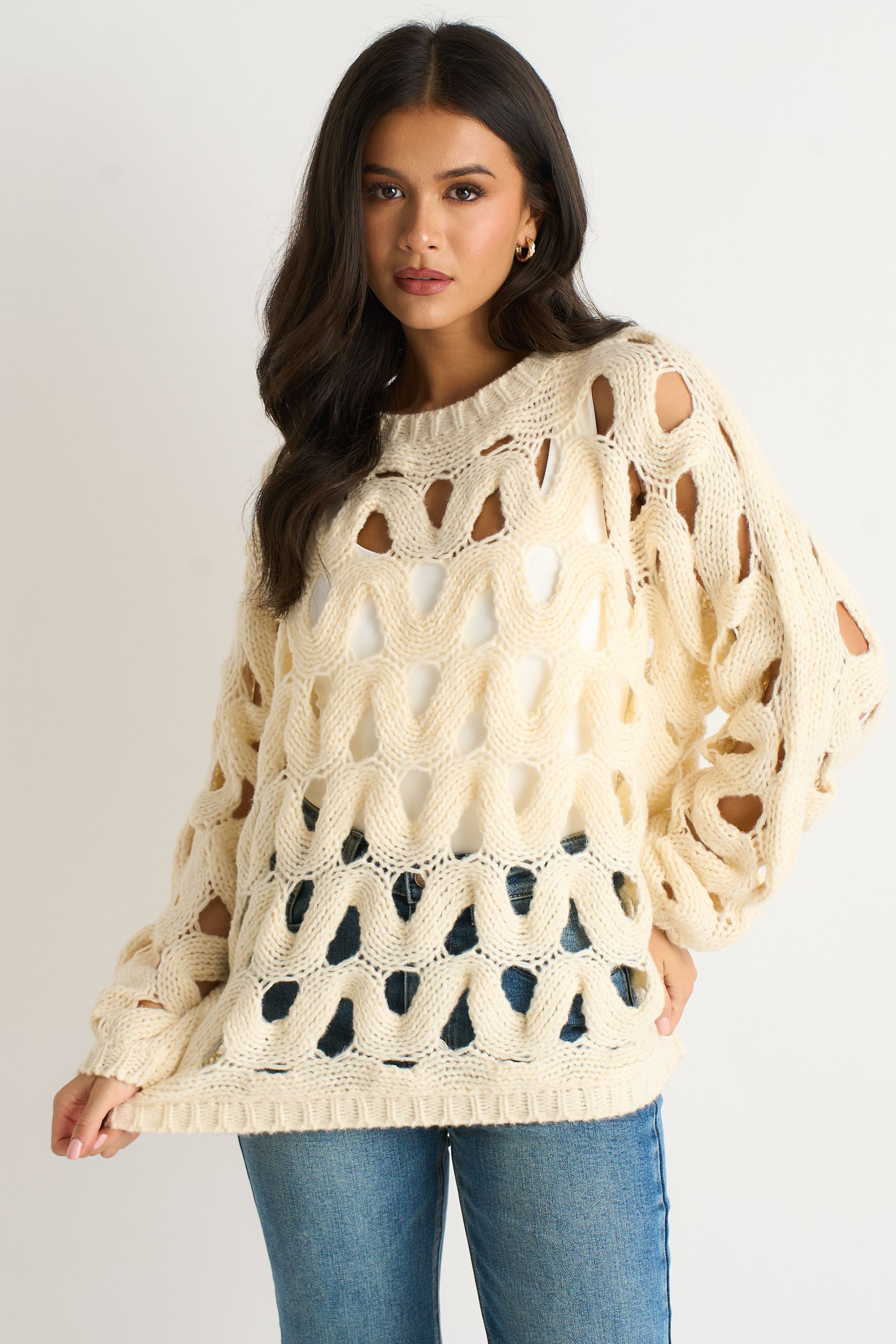 Gini London Butter Cream Hollow Chunky Knit Jumper