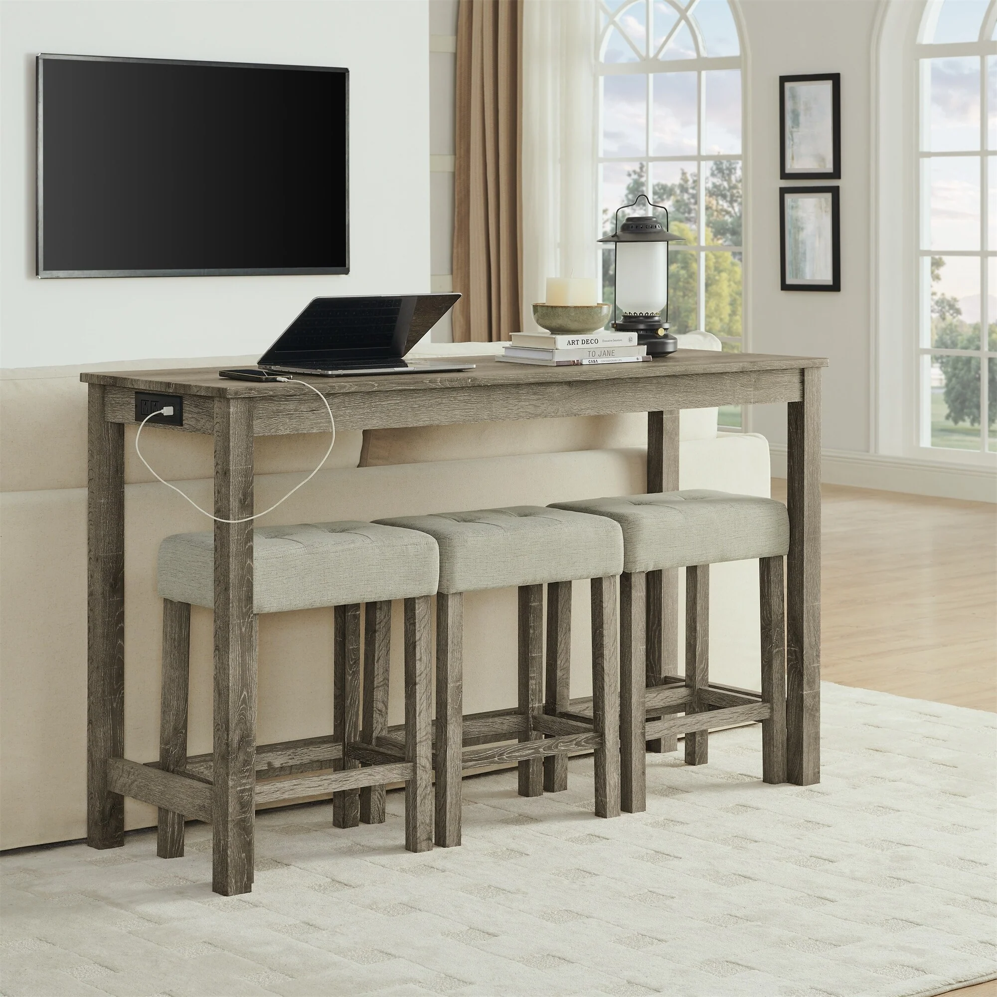 Bar Table, Dining Table, Sofa Table with Power Outlet, 3 Upholstered Stools, 4 Piece Bar Table and Chair Set