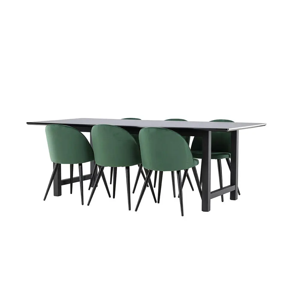Hioshop Oslo eethoek eetkamertafel 100x220cm zwart en 6 Skagen stoel velours
