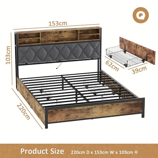 NNETM Queen Size Bed Frame with Drawers, Shelf, Headboard & Charging Station(Brown)