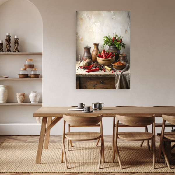 Obraz do kuchni jadalni restauracji, Papryczki chili czosnek dzbanki 20x30