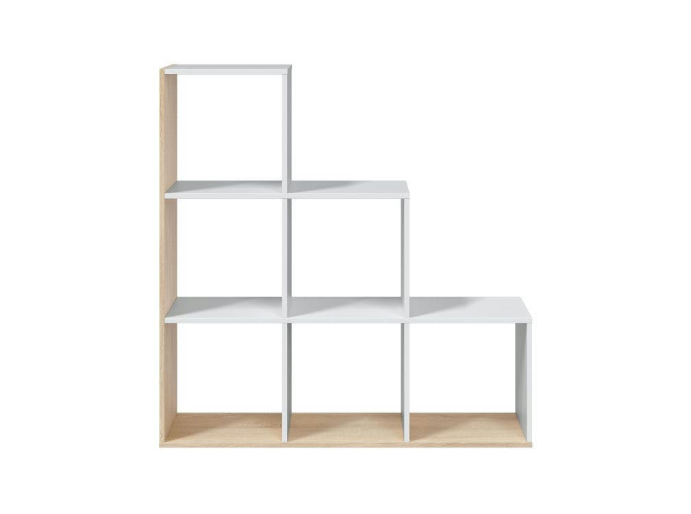 JADE - Bibliothèque escalier blanc/bois avec 6 cubes L108cm x H110cm
