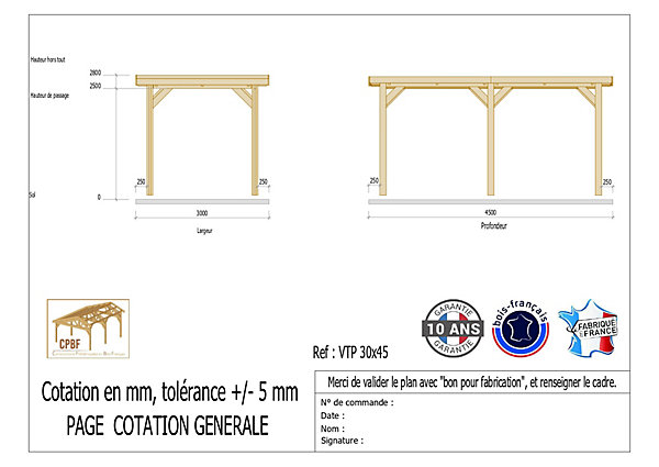 Carport toit plat, 300cmx450cm, bois DOUGLAS Français(Charpente en bois-auvent-abri voiture) 14 m². Garantie 10 ans