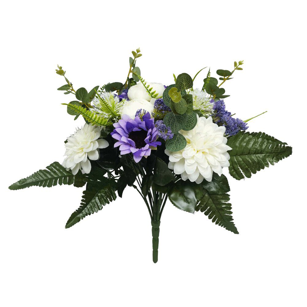 Fleur artificielle piquet dalhia/camélia/eucalyptus blanc et violet 23 têtes