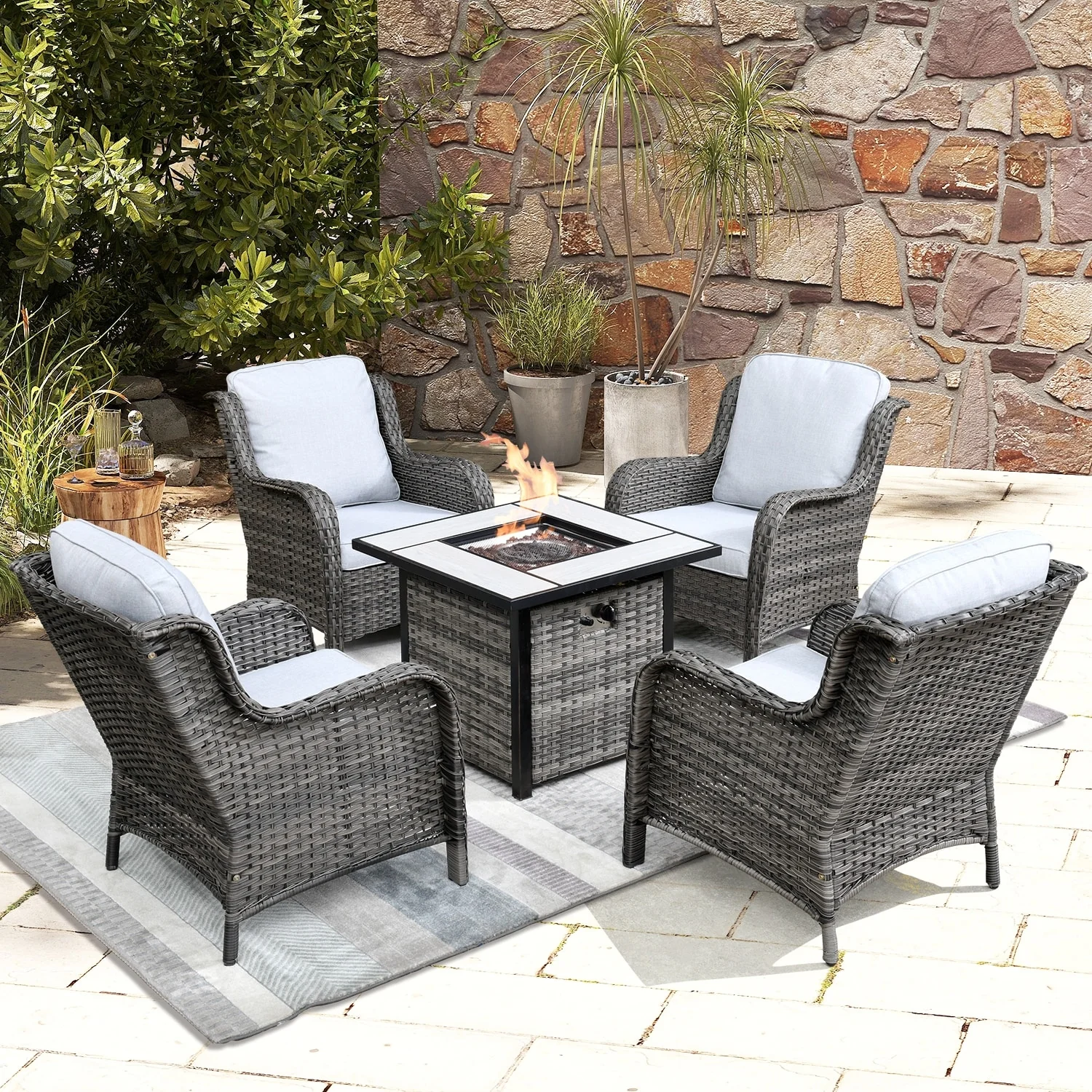 OVIOS 5-piece Patio Wicker Chairs Set with 30 Fire Table