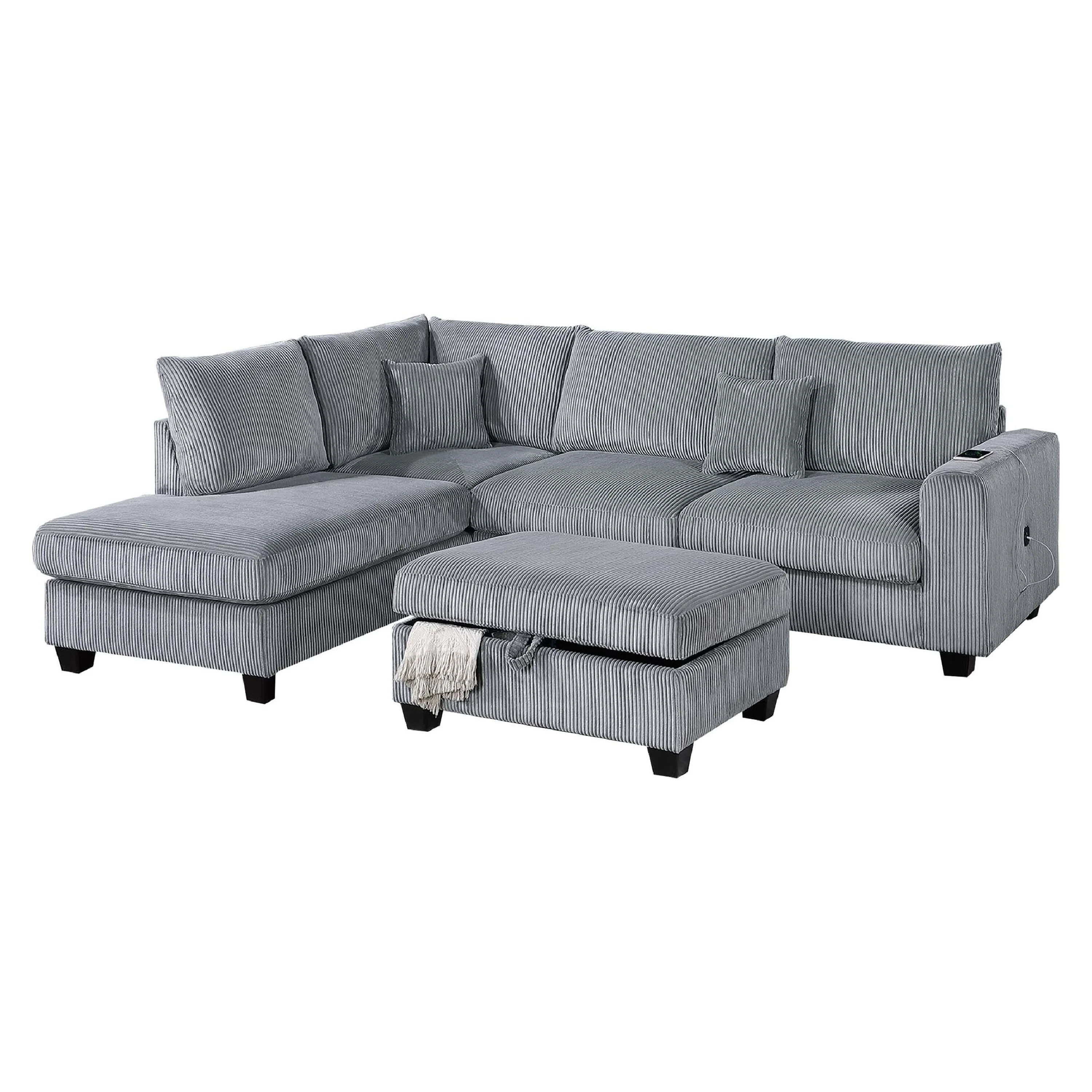 Roe 3pc Sectional Sofa Set w Chaise, Ottoman, 2 Pillows, Fog Gray