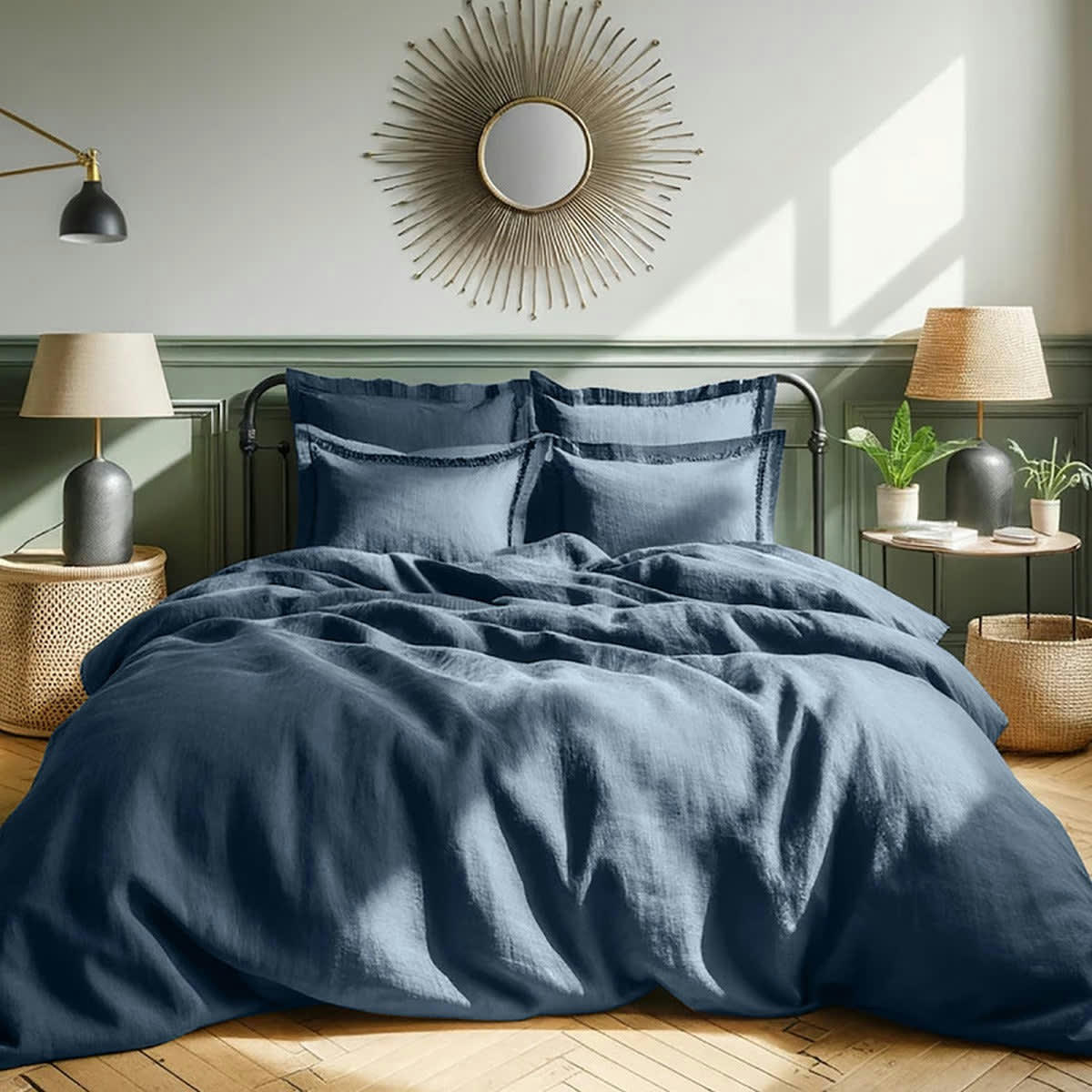 HORTENSE - Drap housse lin lavé  180x200x40 bleu de prusse